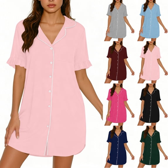 Antinious Women Solid Collar Button Short Sleeve Home Sleep Breathable Soft Dress