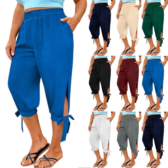 Antinious Ladies Plus Size Faux Comfortable Split Capris Side Pocket Daily Casual Pants