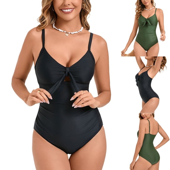 Antinious Ladies Plus Size Solid Backless Bow Detail Strap Beach Layout Jumpsuits Swimsuits