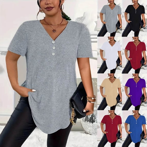 Antinious Ladies Plus Size V-Neck Short Sleeve Solid Summer Casual T-Shirts