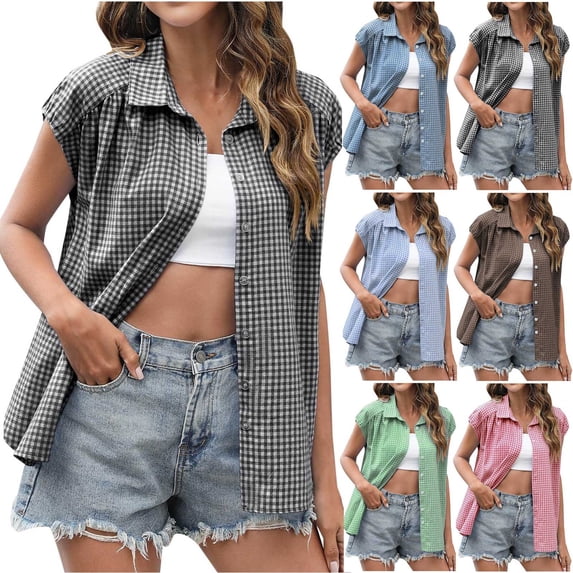 Antinious Ladies Short Sleeve Collared Plaid Button Casual Summer Tops