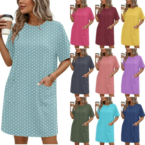 Antinious Ladies Short Sleeve Round Neck Print Pocket Casual Breathable Dress
