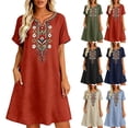thumbnail image 1 of Antinious Ladies Short Sleeve V-Neck Embroidered Bohemian Versatile Dress with Side Pockets, 1 of 5