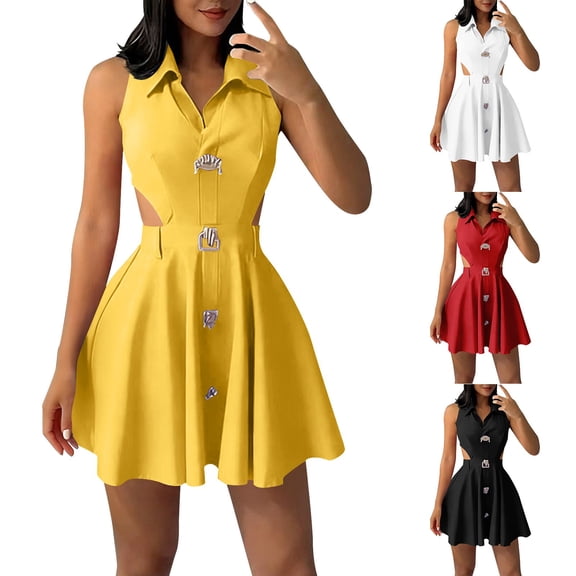 Antinious Ladies Sleeveless A-Line Short Dress Bodycon Waist Defined Elegant Daily Layout