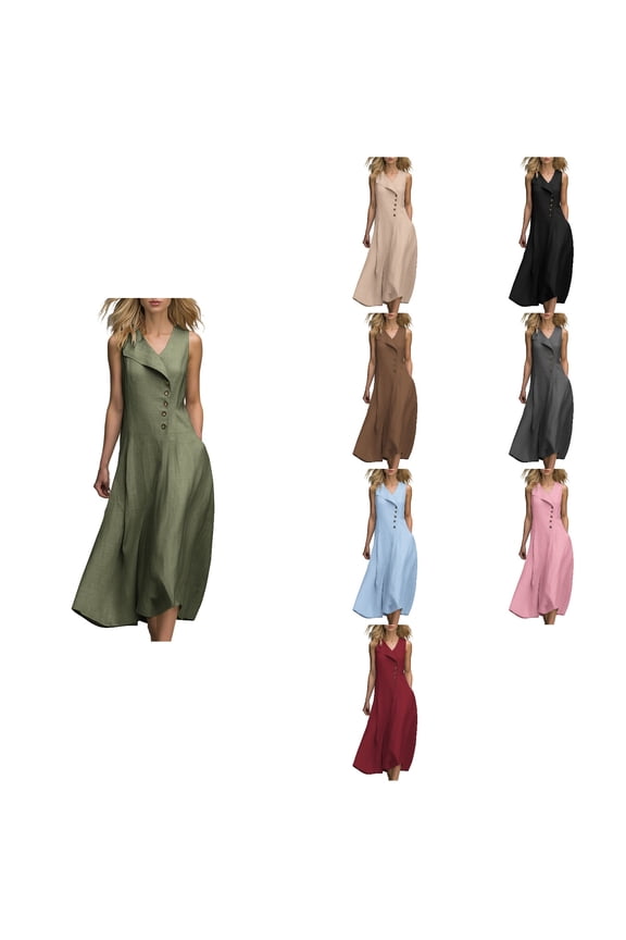 Ladies Sleeveless Asymmetrical Button Flowy A-Line Casual Dress with Side Pockets