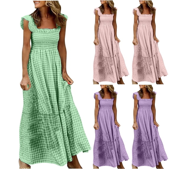 Antinious Women Sleeveless Round Neck Print Slit Hem Spaghetti Straps Dress