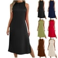 Antinious Ladies Sleeveless Round Neck Solid Satin Slit Hem Casual ...