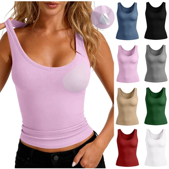 Antinious Ladies Sleeveless Solid Built In Bras Casual Slim Tank Tops