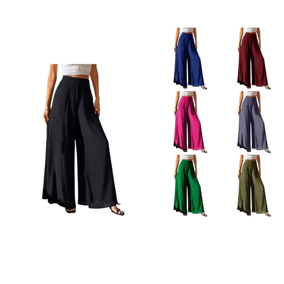 Antinious Ladies Solid Chiffon High Waist Lined Wide Leg Loose Daily Full Length Pants