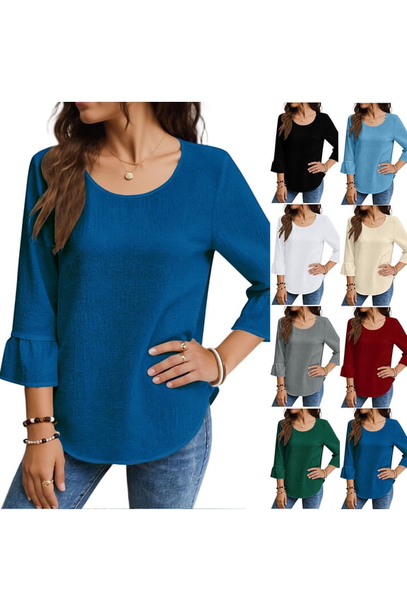 Ladies Solid Crewneck 3/4 Sleeve Lace Linen Casual Loose Tops