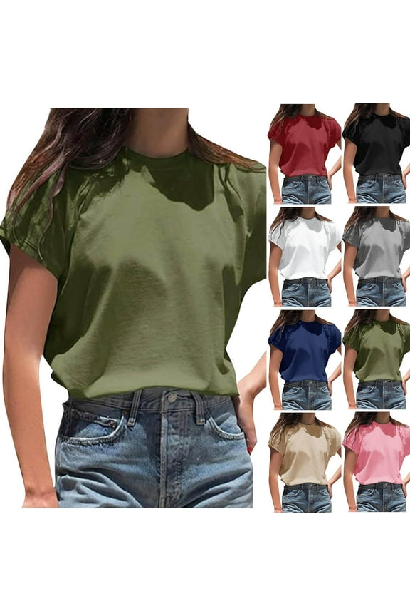 Ladies Solid Crewneck Short Sleeve Pullover Casual Loose Trendy Tops
