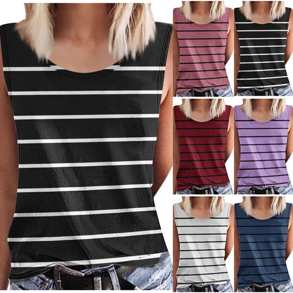 Antinious Ladies Solid Crewneck Striped Sleeveless Summer Casual Tank Top