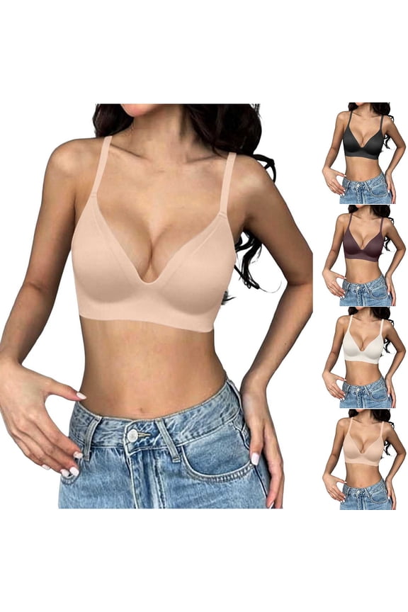 Ladies Solid Deep Neck Seamless Uplift Gentle Soft Comfortable Everyday Bras