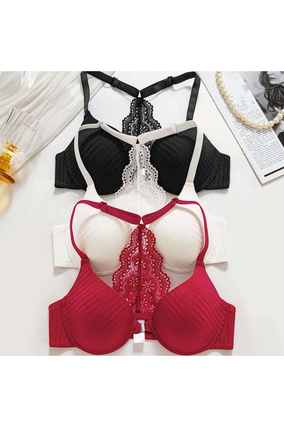 Ladies Solid Front Closure Underwire Lace Enhanced Support Comfortable Daily Bra
