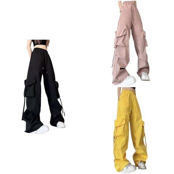 Antinious Ladies Solid High Waist Cargo Drawstring Cuff Loose Workout Draped Full Length Pants