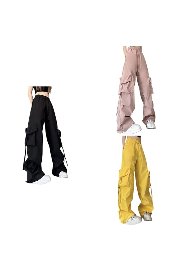 Ladies Solid High Waist Cargo Drawstring Cuff Loose Workout Draped Full Length Pants