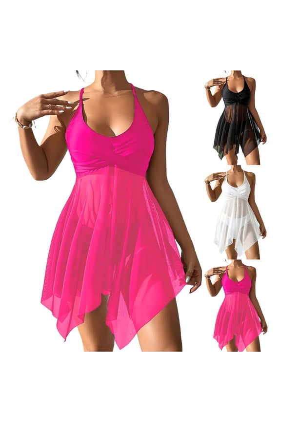 Ladies Solid Lined Backless Mesh Overlay Modest 2 Piece Beach Outfit