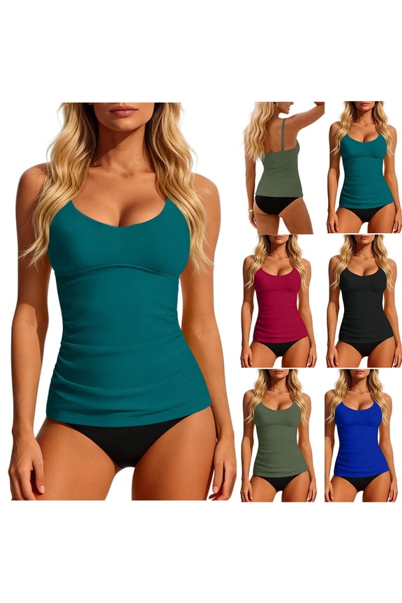 Ladies Solid Lined Strap Top Bottom Tankini Swimsuits Matching Outfit