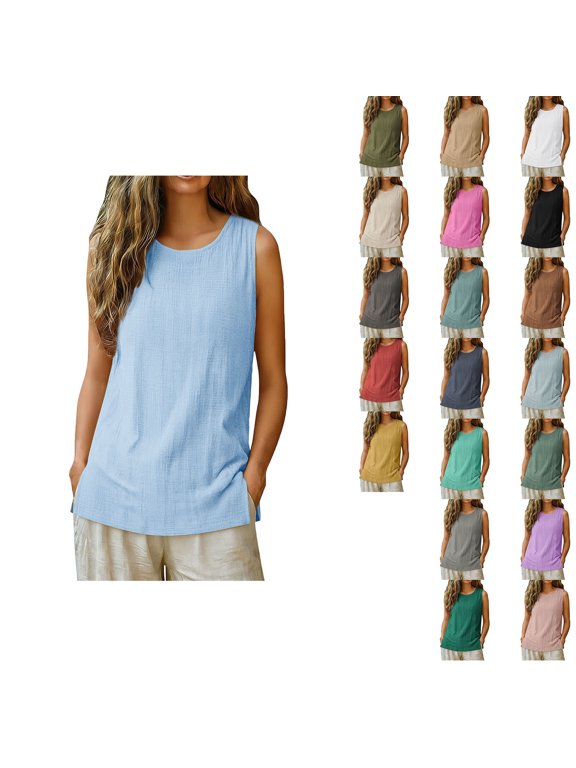 Ladies Solid Round Neck Sleeveless Split Hem Loose Mid Summer Daily Tank Tops