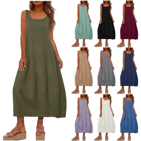Antinious Ladies Solid Sleeveless Round Neck Practical Versatile Casual Dress with Side Pocket Layout