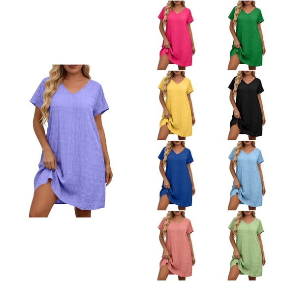 Antinious Ladies Solid V Neck Raglan Sleeve Short Sleeve Summer Plus Size Dress