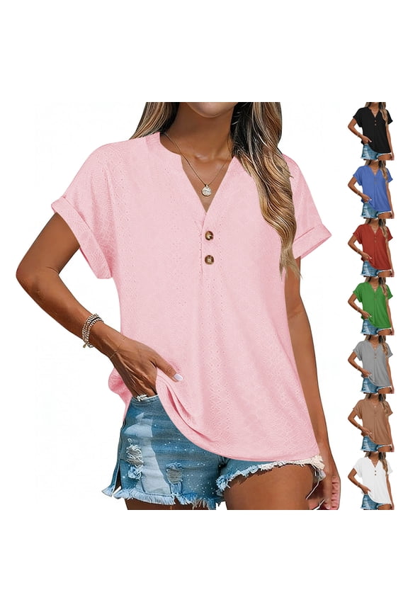 Ladies Solid V-Neck Short Sleeve Eyelet Casual Loose Tops