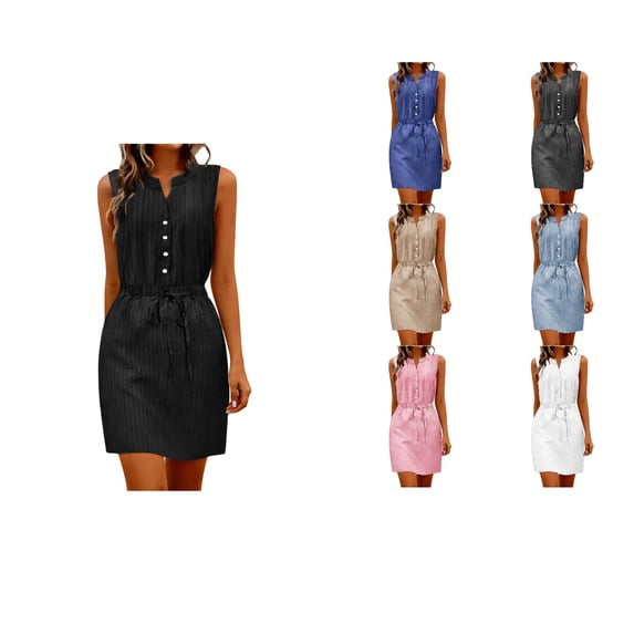 Antinious Ladies Solid V-Neck Sleeveless Waist Button Drawstring Versatile Daily Dress