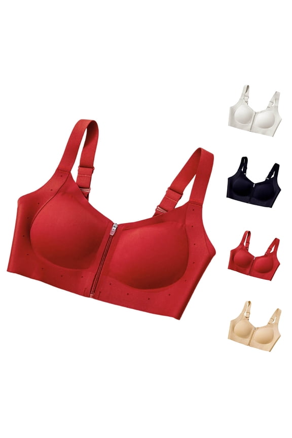 Ladies Solid Wireless Adjustable Strap Breathable Seamless Support Front Zip Closure Bra