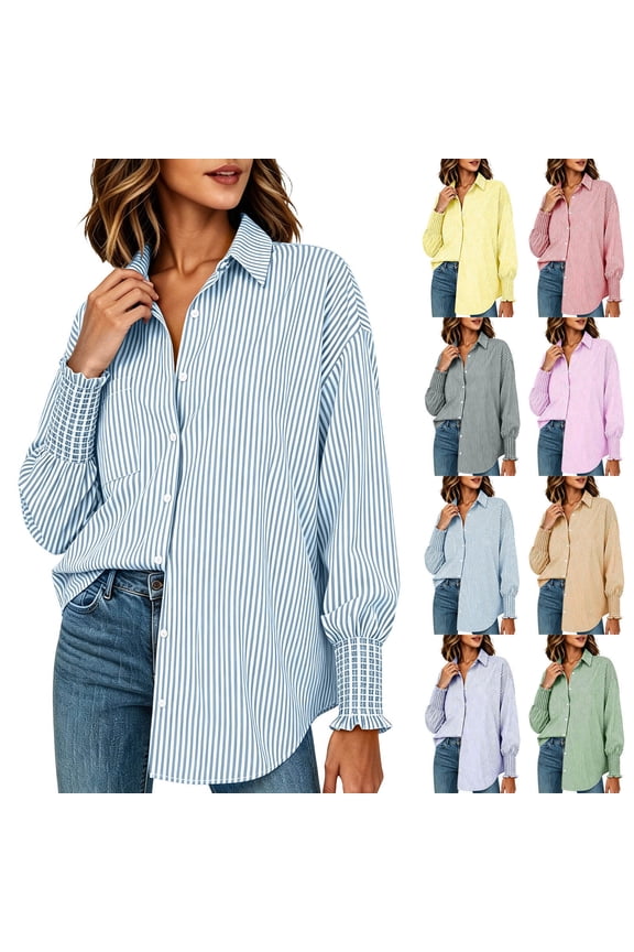 Ladies Stripe Button Smocked Sleeve Casual Long Sleeve Pocket Versatile Tops