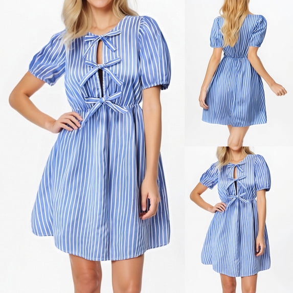 Antinious Ladies Summer Dress,Casual Beach Dresses for Women,Party Dresses for Women Sleeve Bow Dress Short Sleeve Round Neck Knee Length Dress,Blue,S