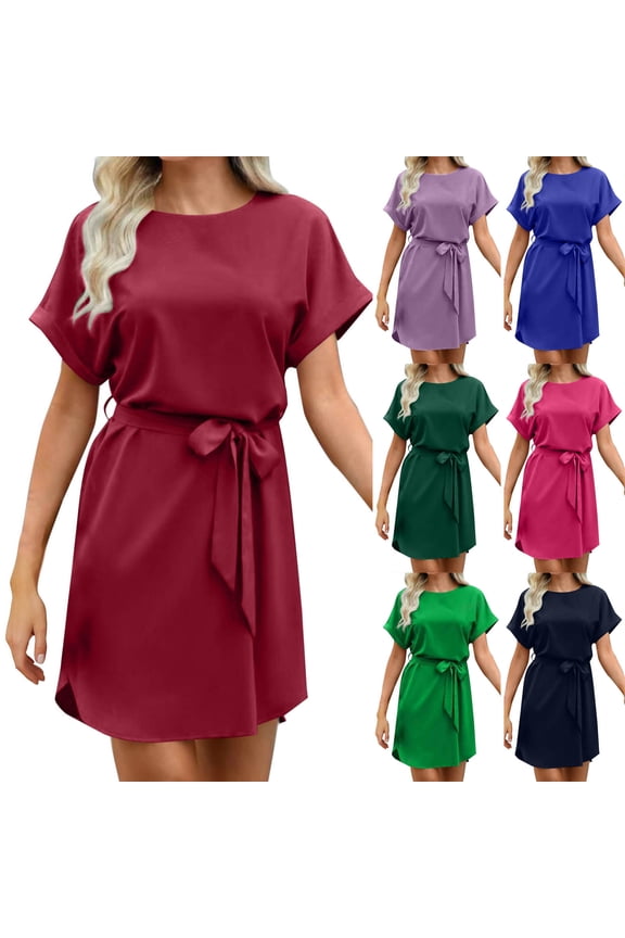 Women Short Sleeve Round Neck Solid Satin Drawstring Slit Dress