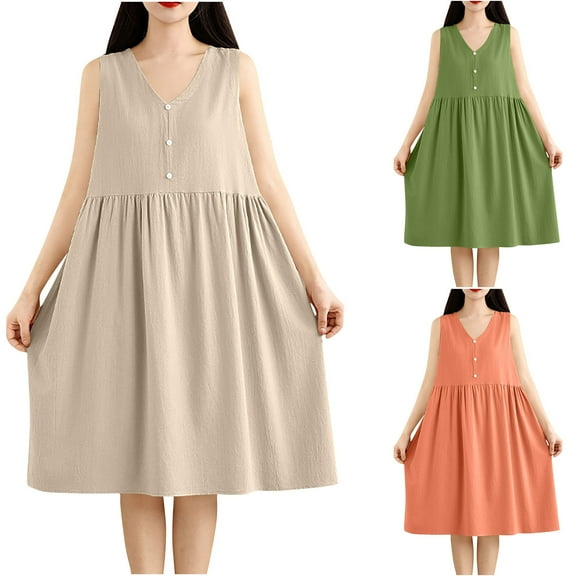 Antinious Ladies Summer Dress,Casual Beach Dresses for Women,Party Dresses for Women Casual Loose Japanese Linen Sleeveless Dress,Green,M