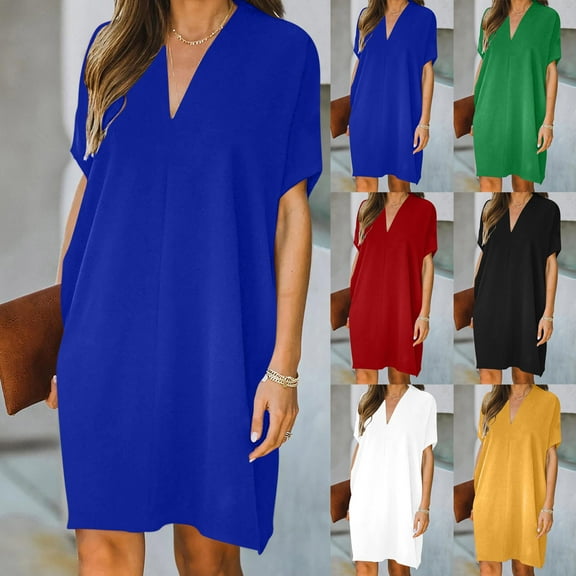 Antinious Ladies Summer Dress,Casual Beach Dresses for Women,Womens Dresses for Party Casual V-Neck Short Sleeve Solid Dress,Blue,S