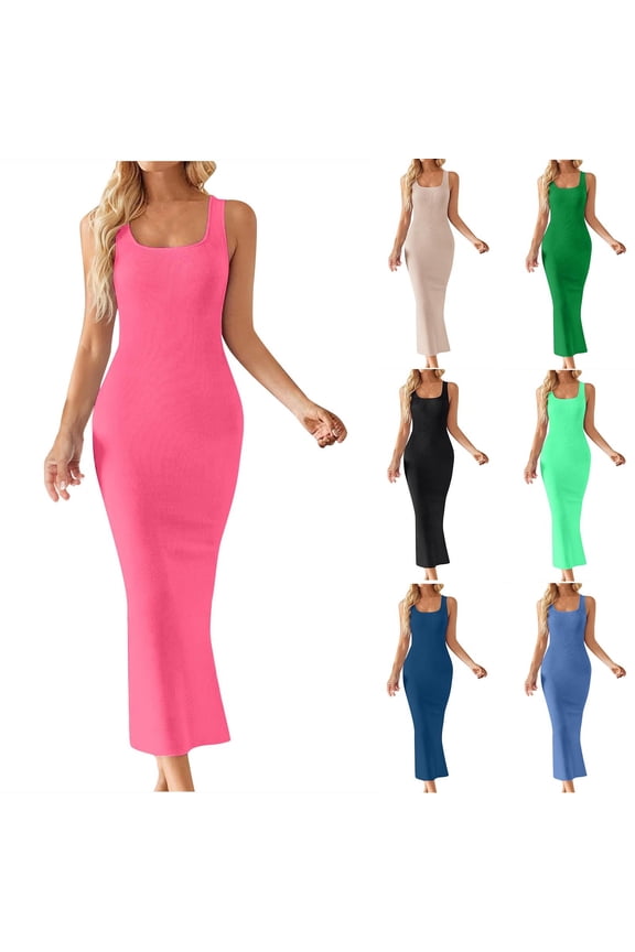 Ladies Summer Dress,Elegant Dresses for Women,Evening Dresses for Women Sleeveless Knitted Thread Split Wrapped Hip Sleeveless Ankle Dress,Blue,M