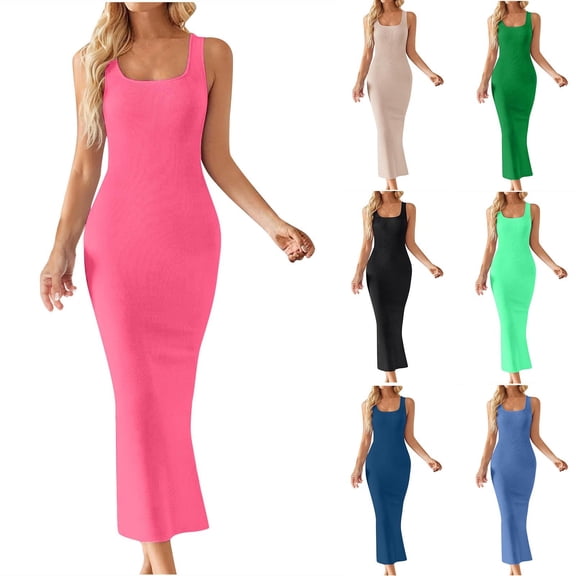 Antinious Ladies Summer Dress,Elegant Dresses for Women,Evening Dresses for Women Sleeveless Knitted Thread Split Wrapped Hip Sleeveless Ankle Dress,Green,L