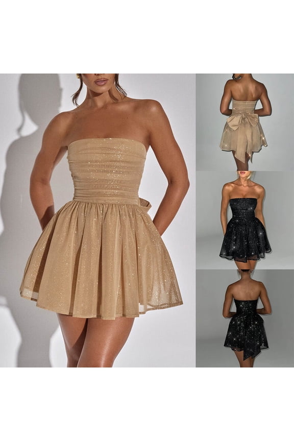 Ladies Summer Dress,Elegant Dresses for Women,Evening Dresses for Women Solid Sleeveless Backless With Glitter Tight Fitting Formal Off the Shoulder Dress,Black,M