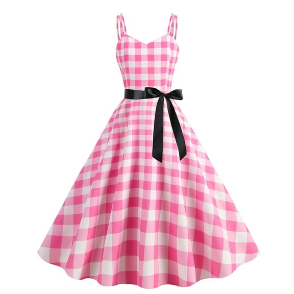 Antinious Ladies Summer Dress,Elegant Dresses for Women,Princess Dress for Women Silk Waistband Hanging Strap Checkered Print Sleeveless V-Neck Long Dress,Pink,M