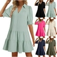 thumbnail image 1 of Antinious Ladies Summer Dress,Elegant Dresses for Women,Casual Dresses for Women Turndown Collar Short Sleeve Fold Solid V-Neck Dress,Beige,L, 1 of 5