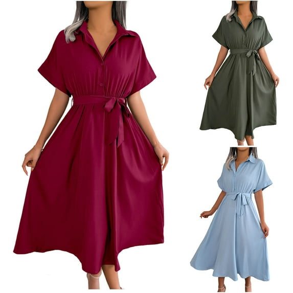 Antinious Ladies Summer Dress,Elegant Dresses for Women,Evening Dresses for Women Casual V-Neck Solid Short Sleeve Midi Dresses,Light Blue,L