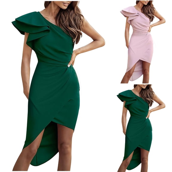 Antinious Ladies Summer Dress,Elegant Dresses for Women,Evening Dresses for Women Solid Sleeveless Skew Collar Knee-High Flap Split Dress,Pink,M