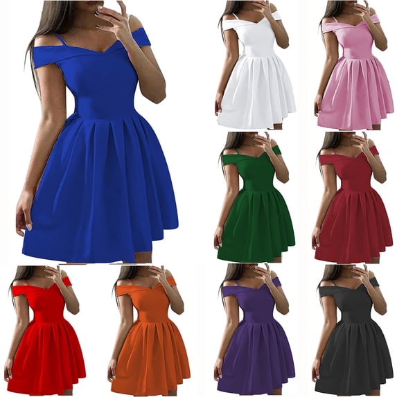Antinious Women Sleeveless Off Shoulder Solid Ruched Waist Flowy Formal Dress