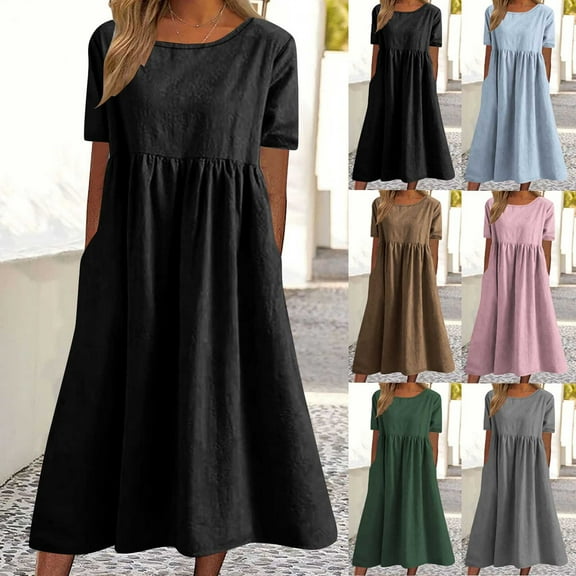 Antinious Ladies Summer Dress,Elegant Dresses for Women,Holiday Dresses for Women Casual Solid Pocket Short Sleeve Round Neck Dress,Blue,S