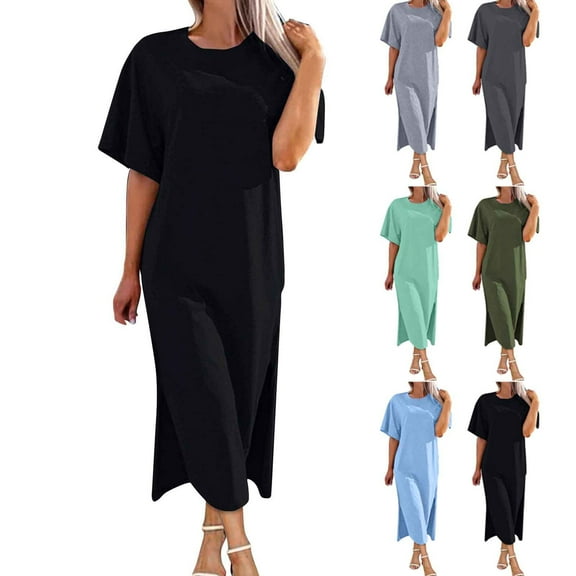 Antinious Ladies Summer Dress,Elegant Dresses for Women,Holiday Dresses for Women Solid Vent Short Sleeve Round Neck Dress,Gray,L