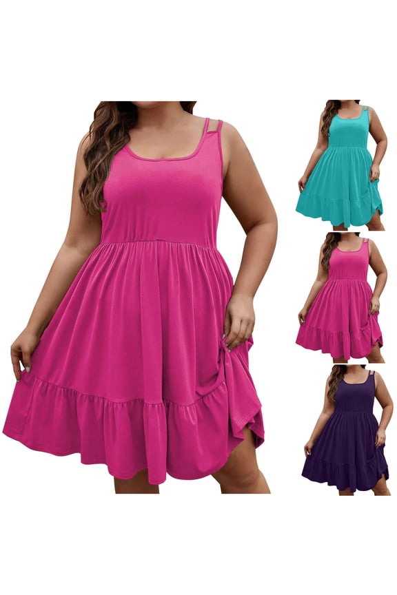 Ladies Summer Dress,Elegant Dresses for Women,Plus Size Dresses for Curvy Women Loose Solid Camis Sleeveless Round Neck Dress,Purple,XXXXXL