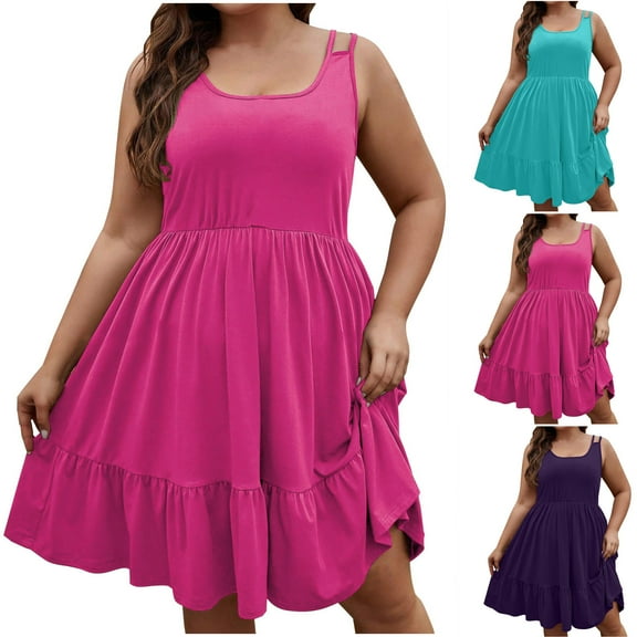 Antinious Ladies Summer Dress,Elegant Dresses for Women,Plus Size Dresses for Curvy Women Loose Solid Camis Sleeveless Round Neck Dress,Sky Blue,XL