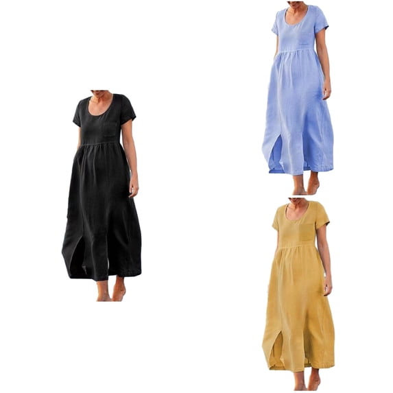 Antinious Women Short Sleeve Round Neck Solid Slit Hem Casual Lightweight Dress