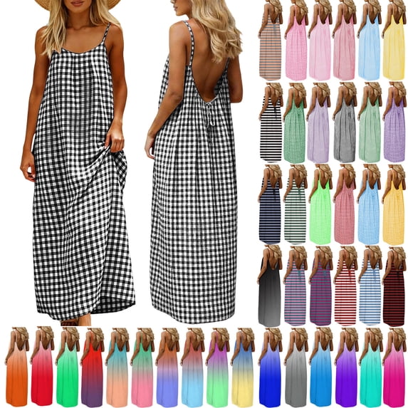 Antinious Ladies Summer Print Breathable Sleeveless Backless Camis Beach Sundress Maxi Dresses