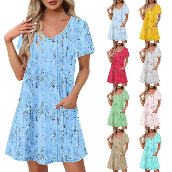 Antinious Women Fashion Summer Print Short Sleeve V-Neck Casual Breathable Dress