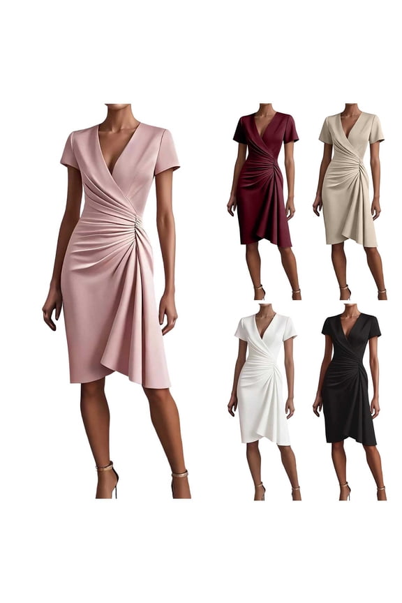 Ladies Summer V-Neck Short Sleeve Ruched Hip Elegant Fitted Daily Dress