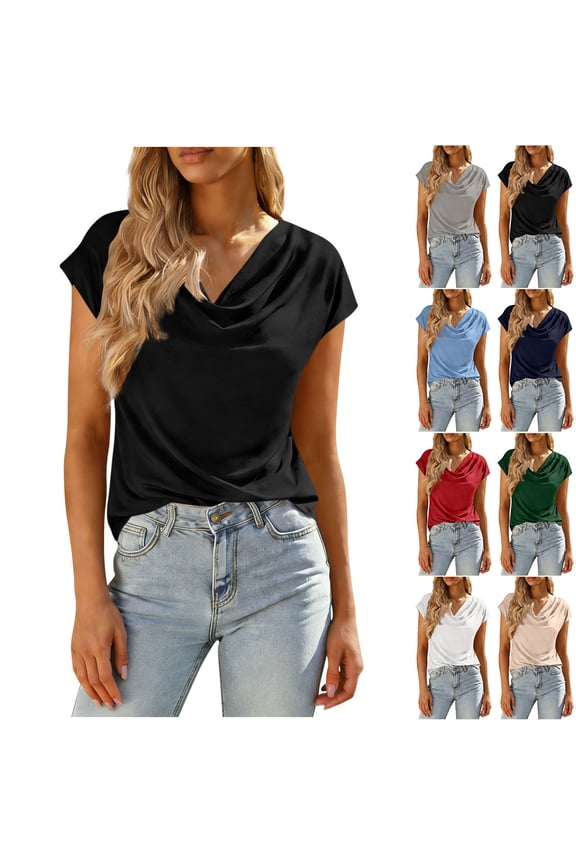 Ladies V-Neck Short Sleeve Solid Draped Neck Casual Basic Soft Tops